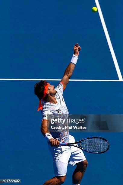 David Ferrer of Spain serves against Matthew Barton of Australia on Day 3 of the ASB Classic on January 13, 2016 in Auckland, New Zealand.