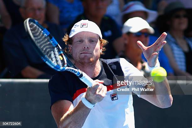 Matthew Barton of Australia plays a forehand against David Ferrer of Spain on Day 3 of the ASB Classic on January 13, 2016 in Auckland, New Zealand.