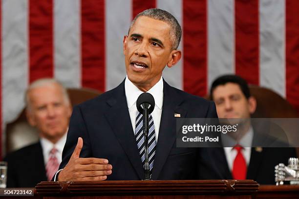 President Barack Obama delivers his State of the Union address before a joint session of Congress on Capitol Hill January 12, 2016 in Washington,...