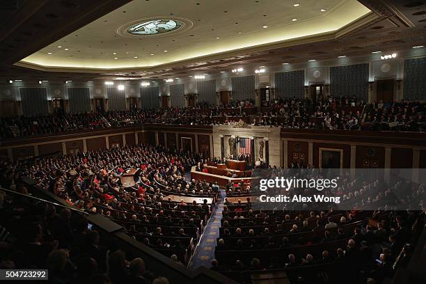 President Barack Obama delivers the State of the Union speech before members of Congress in the House chamber of the U.S. Capitol January 12, 2016 in...