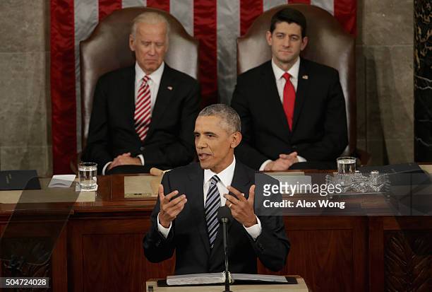 President Barack Obama delivers the State of the Union speech before members of Congress in the House chamber of the U.S. Capitol January 12, 2016 in...