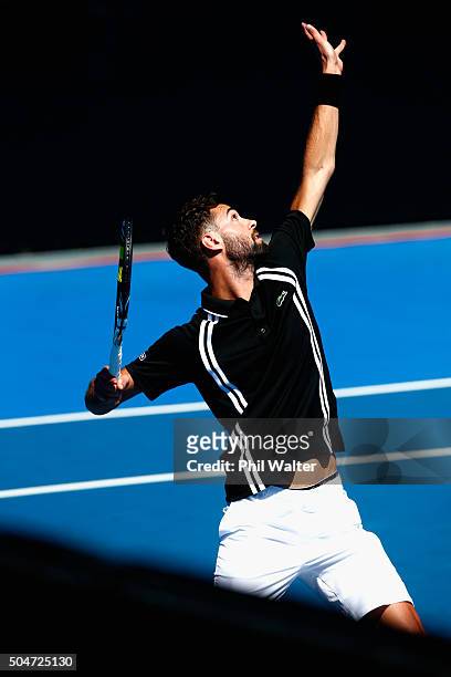 Benoit Paire of France serves against Lukas Rosol of the Czech Republic on Day 3 of the ASB Classic on January 13, 2016 in Auckland, New Zealand.