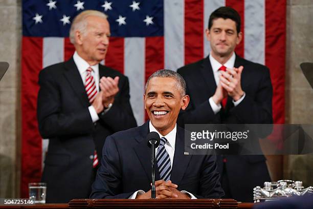 President Barack Obama delivers his State of the Union address before a joint session of Congress on Capitol Hill January 12, 2016 in Washington,...