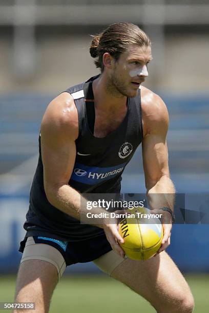 Bryce Gibbs takes part in drills during a Carlton Blues AFL pre-season training session at Ikon Park on January 13, 2016 in Melbourne, Australia.