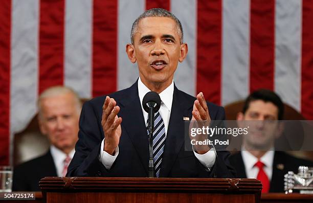 President Barack Obama delivers his State of the Union address before a joint session of Congress on Capitol Hill January 12, 2016 in Washington,...