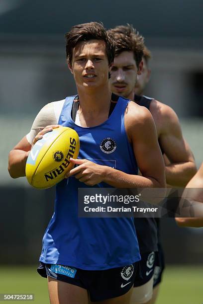 Jack Silvagni runs with the ball during a Carlton Blues AFL pre-season training session at Ikon Park on January 13, 2016 in Melbourne, Australia.