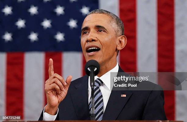 President Barack Obama delivers his State of the Union address before a joint session of Congress on Capitol Hill January 12, 2016 in Washington,...