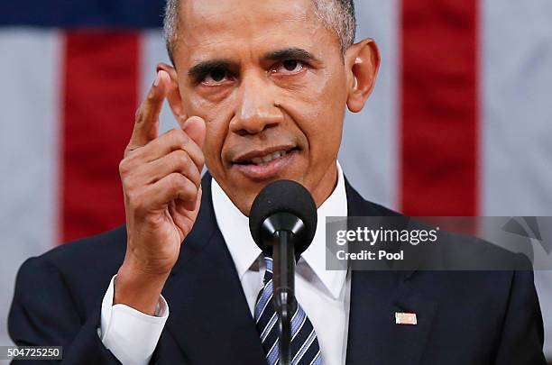 President Barack Obama delivers his State of the Union address before a joint session of Congress on Capitol Hill January 12, 2016 in Washington,...