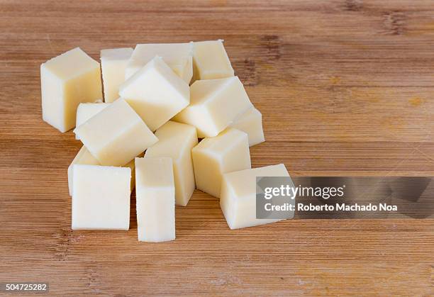 Cheese cubes :Diced Cheese close-up shot on wooden background.