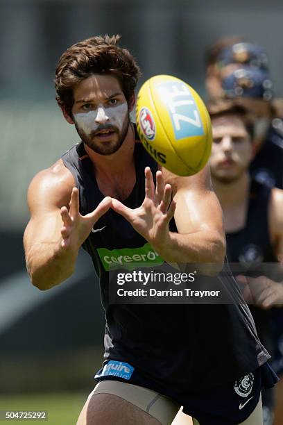 Levi Casboult marks the ball during a Carlton Blues AFL pre-season training session at Ikon Park on January 13, 2016 in Melbourne, Australia.