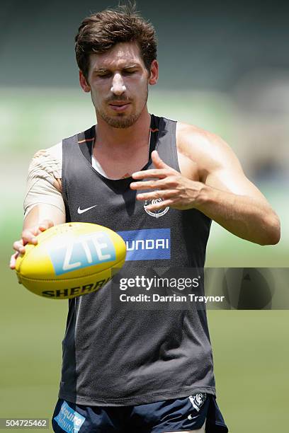 Michael Jamison kicks the ball during a Carlton Blues AFL pre-season training session at Ikon Park on January 13, 2016 in Melbourne, Australia.