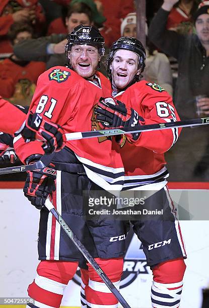 Marain Hossa and Andrew Shaw of the Chicago Blackhawks celebrate Shaw's second goal of the game in the second period against the Nashville Predators...