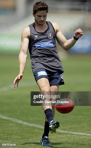 Jason Tutt kicks the ball during a Carlton Blues AFL pre-season training session at Ikon Park on January 13, 2016 in Melbourne, Australia.