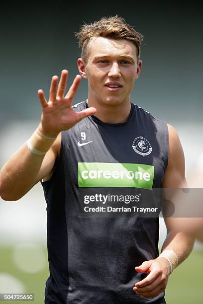 Patrick Cripps takes part in a drill during a Carlton Blues AFL pre-season training session at Ikon Park on January 13, 2016 in Melbourne, Australia.