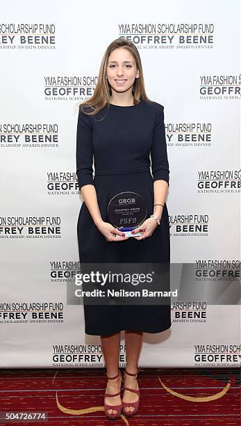 Aya Mechelany poses with her award at YMA Fashion Scholarship Fund Geoffrey Beene National Scholarship Awards Gala at Marriott Marquis Hotel on...