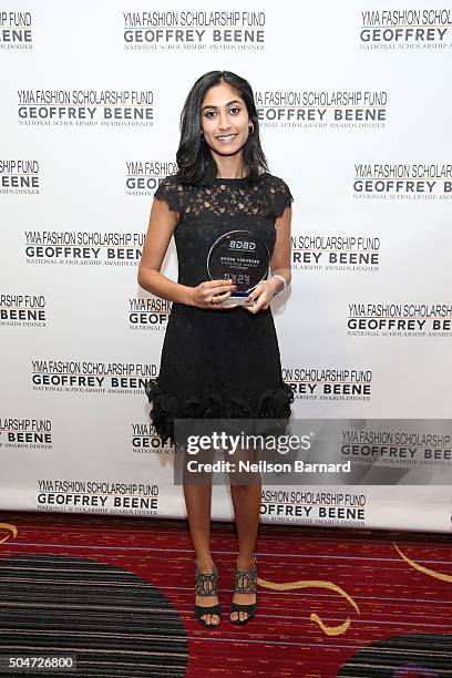 Avani Patel poses with her award at YMA Fashion Scholarship Fund Geoffrey Beene National Scholarship Awards Gala at Marriott Marquis Hotel on January...