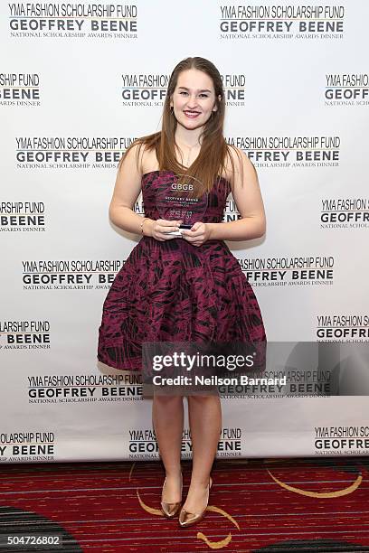 Megan Donovan poses with her award at YMA Fashion Scholarship Fund Geoffrey Beene National Scholarship Awards Gala at Marriott Marquis Hotel on...