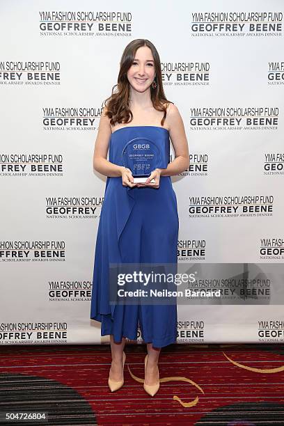 Daniela Gallo McCausland poses with her award at YMA Fashion Scholarship Fund Geoffrey Beene National Scholarship Awards Gala at Marriott Marquis...