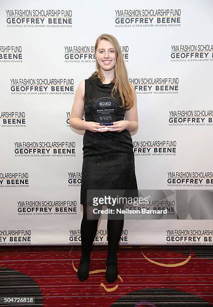 Erin Ceconi poses with her award at YMA Fashion Scholarship Fund Geoffrey Beene National Scholarship Awards Gala at Marriott Marquis Hotel on January...