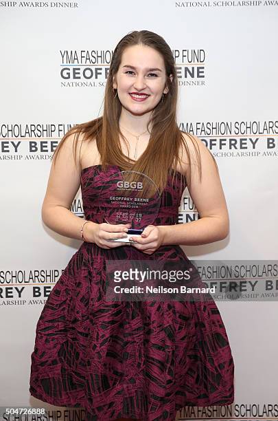 Megan Donovan poses with her award at YMA Fashion Scholarship Fund Geoffrey Beene National Scholarship Awards Gala at Marriott Marquis Hotel on...