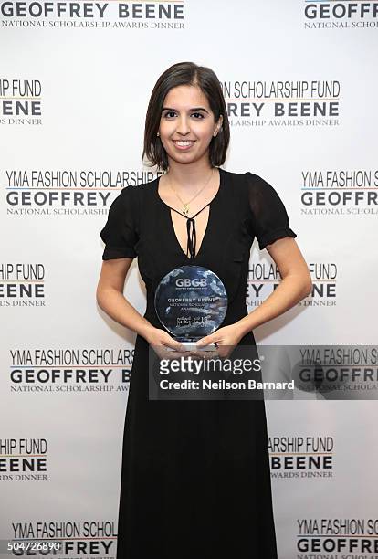 Jessica Ferreria poses with her award at YMA Fashion Scholarship Fund Geoffrey Beene National Scholarship Awards Gala at Marriott Marquis Hotel on...