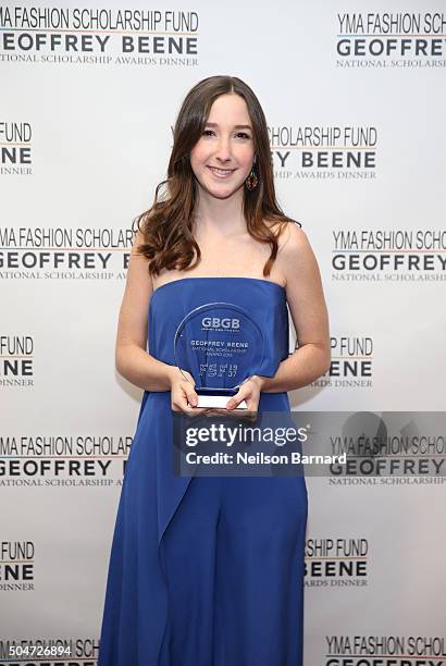 Daniela Gallo McCausland poses with her award at YMA Fashion Scholarship Fund Geoffrey Beene National Scholarship Awards Gala at Marriott Marquis...