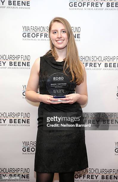 Erin Ceconi poses with her award at YMA Fashion Scholarship Fund Geoffrey Beene National Scholarship Awards Gala at Marriott Marquis Hotel on January...