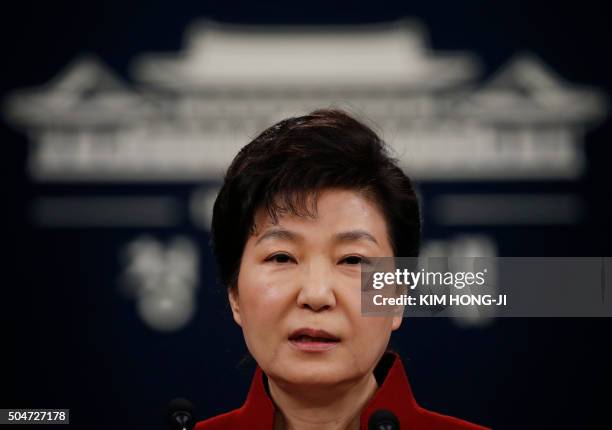 South Korea's President Park Geun-hye addresses the nation at the Presidential Blue House in Seoul on January 13, 2016. Park on January 13 urged the...