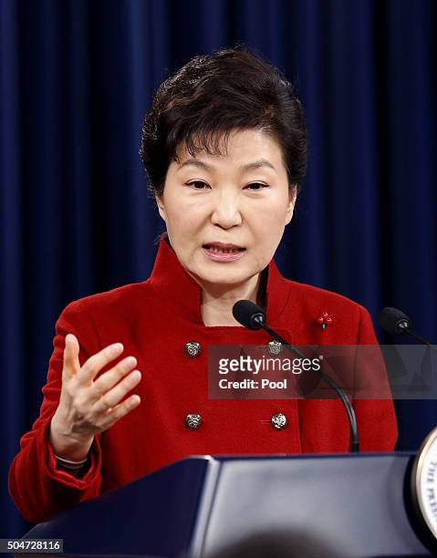 South Korean President Park Geun-Hye speaks during a New Year's news conference at Presidential House on January 13, 2016 in Seoul, South Korea....