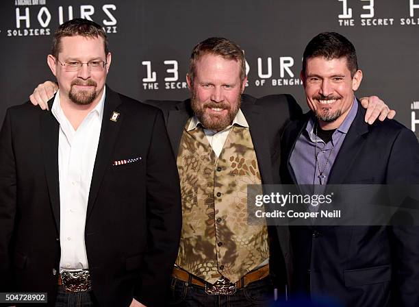 John "Tig" Tiegen, Mark "Oz" Geist, and Kris "Tanto" Paronto attend the Dallas Premiere of the Paramount Pictures film 13 Hours: The Secret Soldiers...