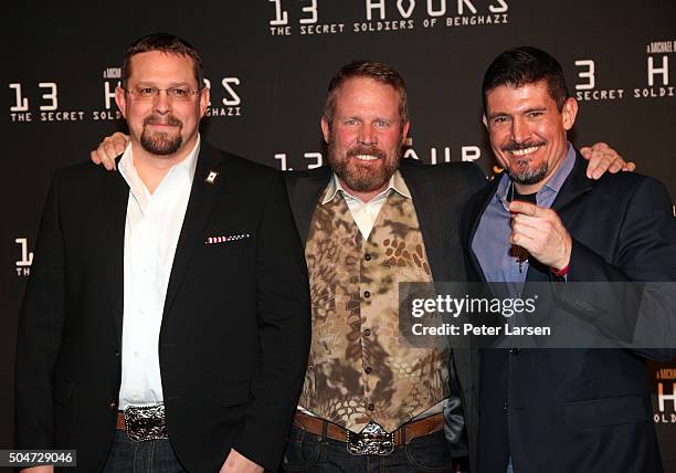 John Tiegen, Mark Geist, and Kris Paronto attend the Dallas Premiere of the Paramount Pictures film 13 Hours: The Secret Soldiers of Benghazi at...
