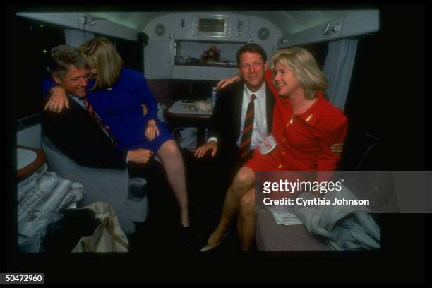 View of, from left, American Presidential candidate Bill Clinton, his wife Hillary Clinton, Vice Presidential Candidate Al Gore, and his wife, Tipper...