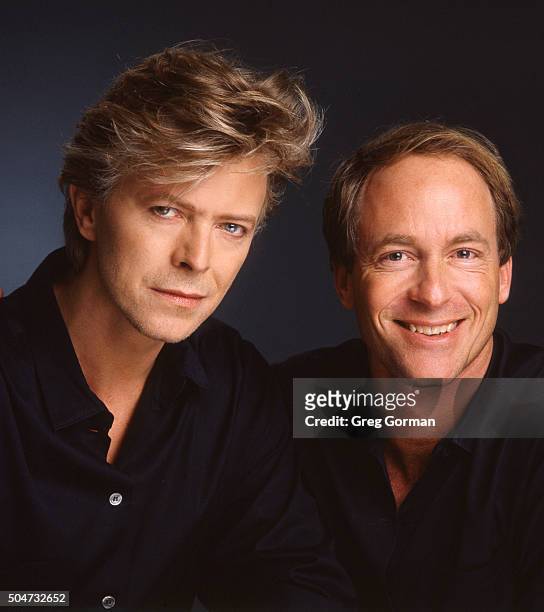English musician David Bowie and photographer Greg Gorman are photographed for Self Assignment on January 15, 1987 in Los Angeles, California.