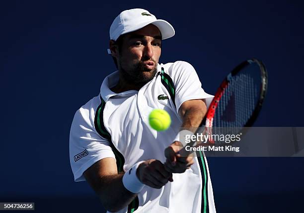 Jeremy Chardy of France plays a backhand in his match against James Duckworth of Australia during day four of the Sydney International at Sydney...