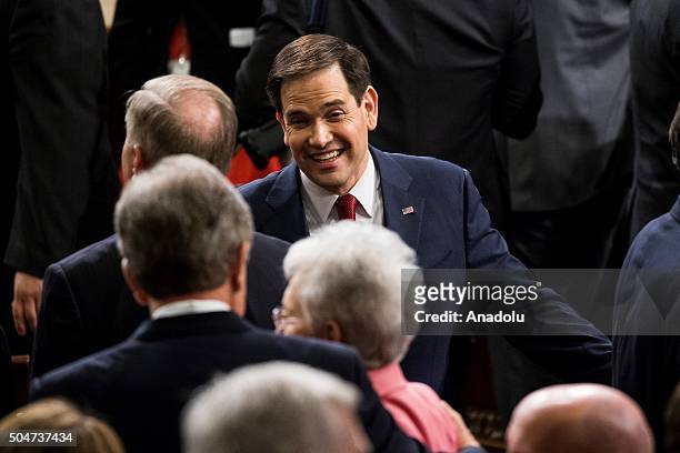 Republican Presidential Candidate, Senator Marco Rubio, speaks with other Congressmen and women before President Barack Obamas final State of the...