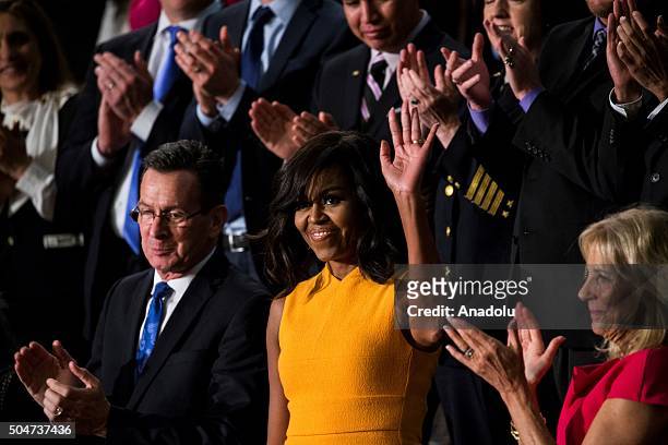 First Lady Michele Obama arrives for President Barack Obamas final State of the Union address to the Nation at the United States Capitol in...
