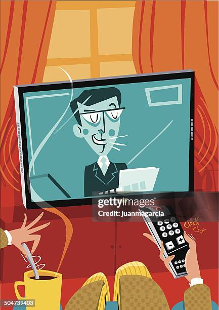 man watching television and making up the volume while coffee. - tv screen noise stock illustrations