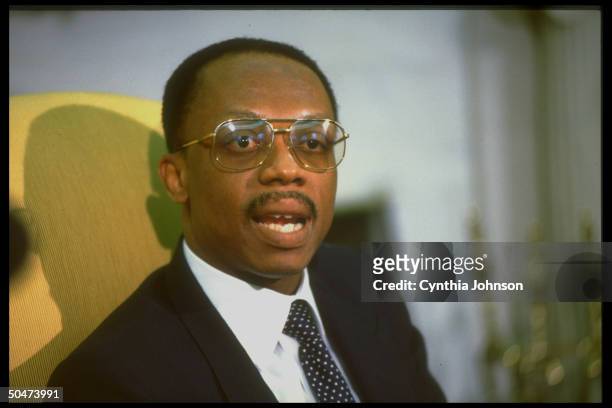 Jean-Bertrand Aristide, deposed democratically-elected pres. Of Haiti, during WH Oval Office mtg. W. Pres. Clinton re restoring him to office.