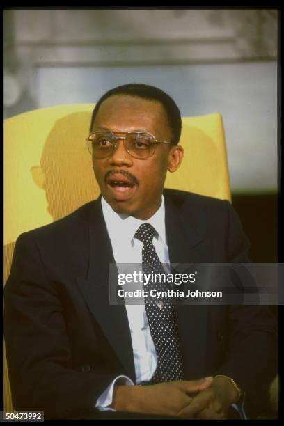 Jean-Bertrand Aristide, deposed democratically-elected pres. Of Haiti, during WH Oval Office mtg. W. Pres. Clinton re restoring him to office.