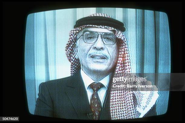 King Hussein delivering TV speech after defection of 2 top level Iraqi govt-insiders, sons-in-law of Saddam Hussein, & their families.