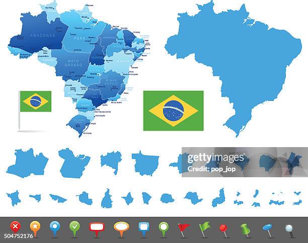 stockillustraties, clipart, cartoons en iconen met map of brazil - states, cities and navigation icons - brazilië