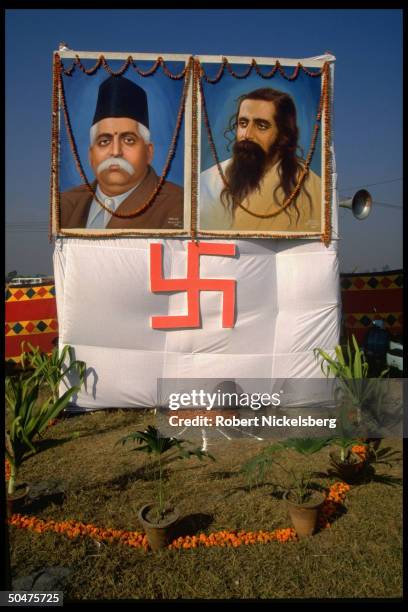 Swastika banner & portrait of Hindu nationalist Rashtriya Swayamsevak Sangh founder Keshav Baliram Hedgewar during annual function of neo-fascist RSS.