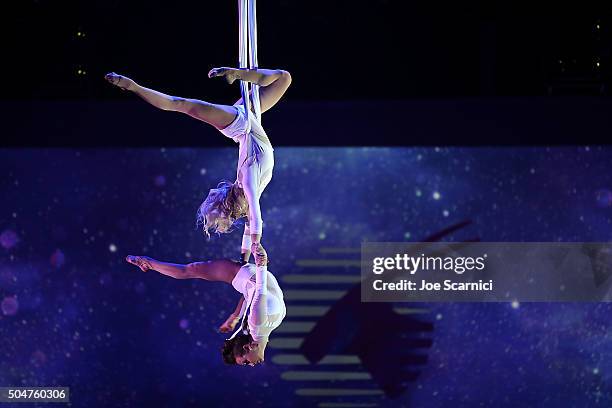 Acrobats perform during the Qatar Airways Los Angeles Gala at Dolby Theatre on January 12, 2016 in Hollywood, California.