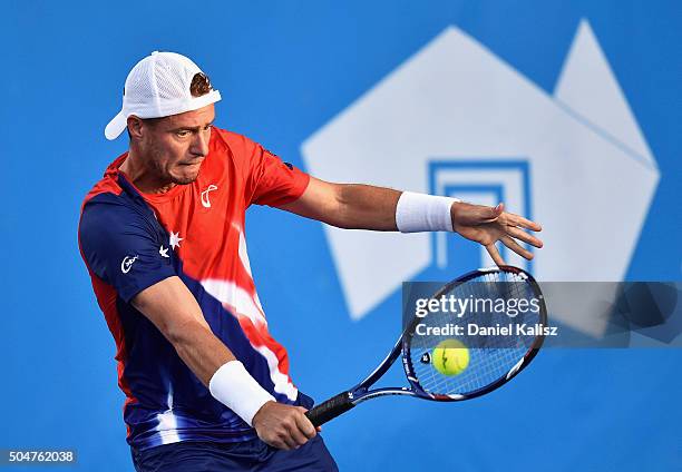 Lleyton Hewitt of Australia competes during the 2016 World Tennis Challenge match between Lleyton Hewitt of Australia and Marin Cilic of Croatia at...