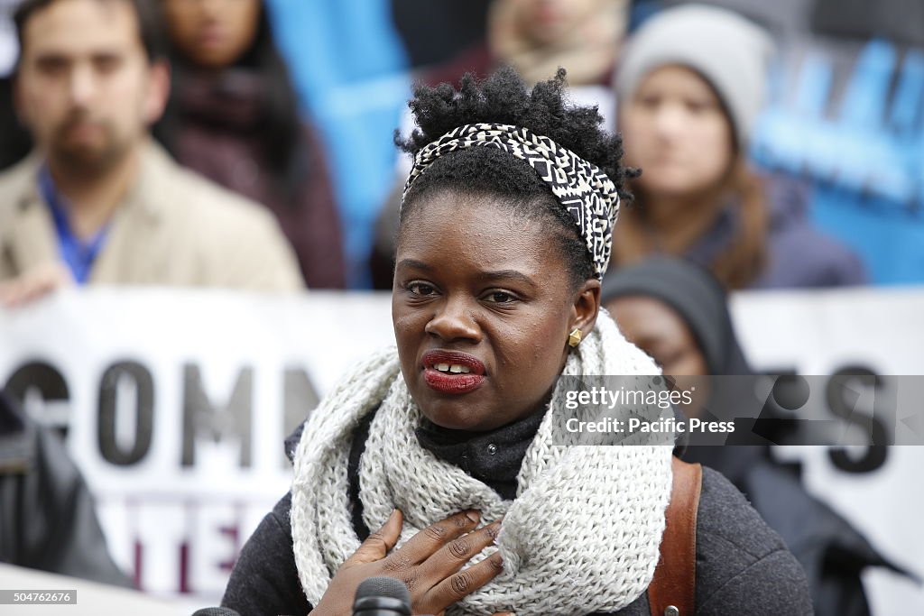 Anthonine Pierre of the Brooklyn Movement Center opens rally...