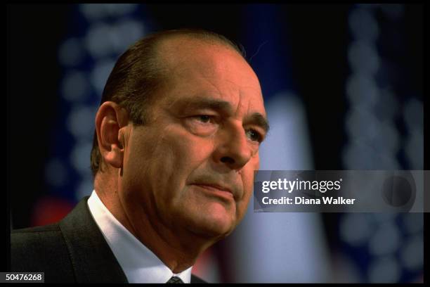 French Pres. Jacques Chirac during joint press conf. W. Pres. Clinton at WH.