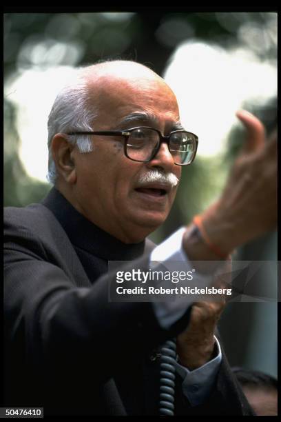 Opposition BJP Bharatiya Janata Party ldr. L.K. Advani speaking during demo protesting govt. Charges of corruption against 10 maj. Politicians incl....