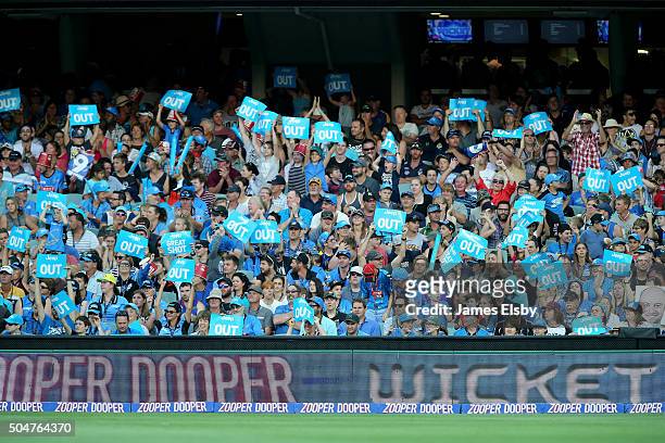 The crowd celebrate a wicket during the Big Bash League match between the Adelaide Strikers and the Hobart Hurricanes at Adelaide Oval on January 13,...