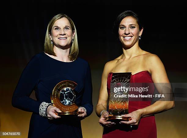 World Coach of the Year for Women's Football winner and United States Coach Jill Ellis of USA poses with FIFA Women's World Player of the Year winner...