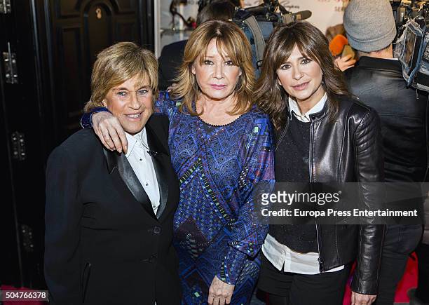 Chelo Garcia Cortes, Mila Ximenez and Gema Lopez attend the presentation of the first shoes collection by Maria Teresa Campos on January 12, 2016 in...